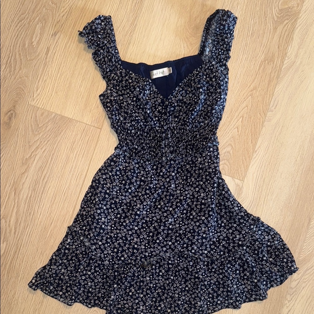 Blue Mini Sundress with Flutter Sleeves and Scoop Neck